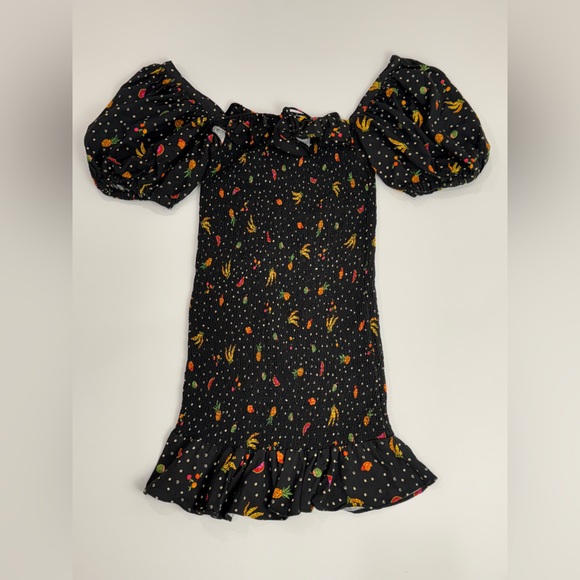 FARM RIO Dress Mini Tiny Fruits Smocked Puff Sleeve Ruffle Sz S Black Multicolor - Picture 2 of 9